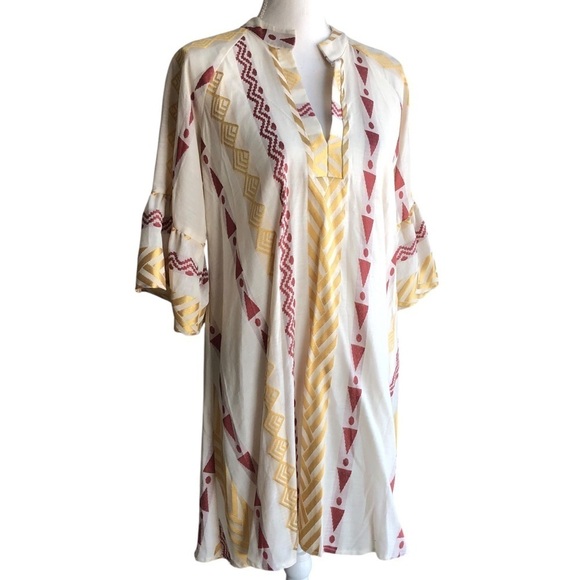 kasia Dresses & Skirts - Kasia Pull On Dress Gold Maroon Cream Geometric Print Size Small